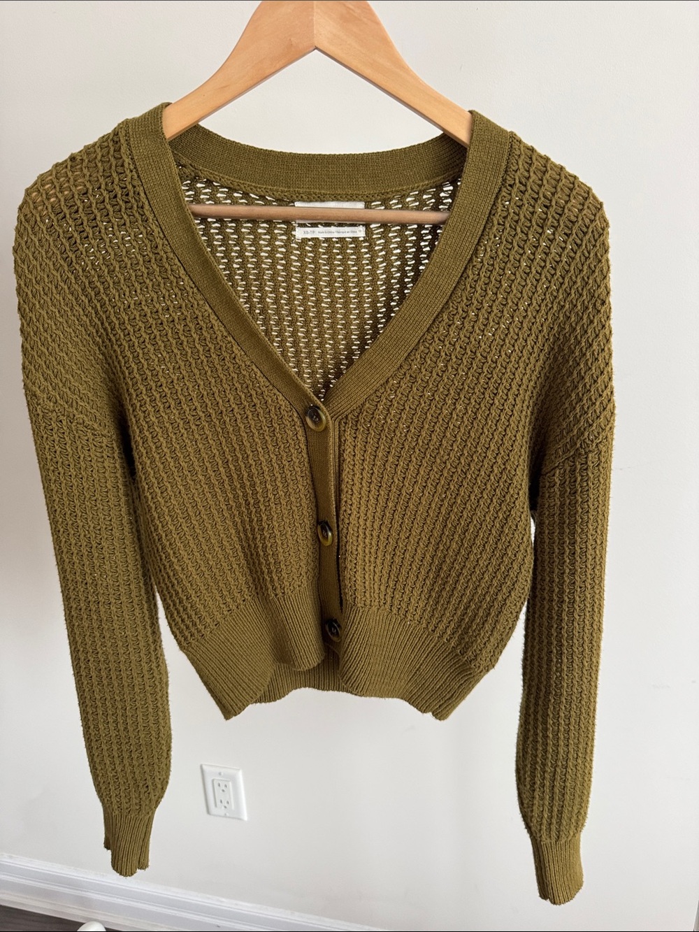 Urban Outfitters Olive Open-Knit V-Neck Button Cardigan Sweater